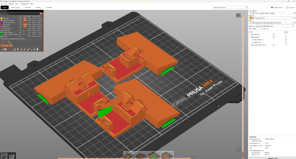 A screenshot of the Prusa Slicer showing our device components laid out on the printing bed. Two blunt halves and one sharp half containing the pointed wedge are shown.
