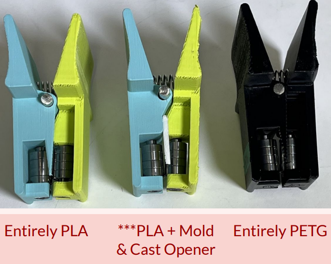 Our 3 final prototypes. On the left is a prototype printed out of entirely PLA. In the middle is a prototype where the body is printed out of PLA, but only the opening mechanism has been casted with polyurethane. Finally, the model on the right was 3D printed with PETG.