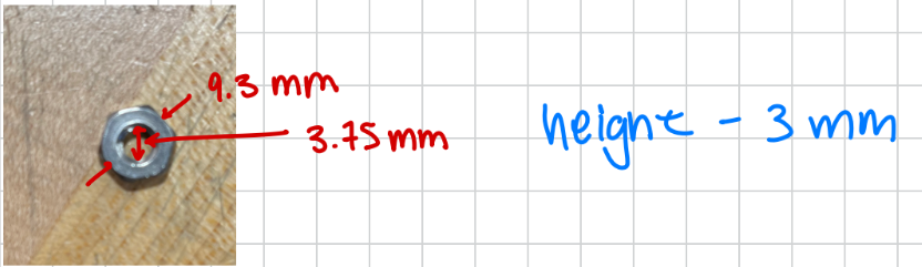 The dimensions of a hex nut. The inner circular diameter is 3.75mm and the outer hexagonal diameter is 9.3mm. The height of the hex nut is 3mm.
