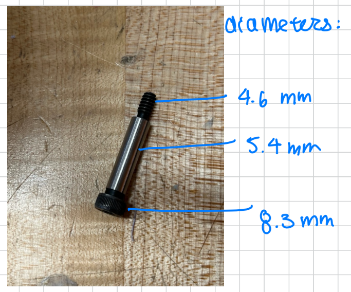 The diameter dimensions of a shoulder bolt. The head is 8.3mm. The shoulder is 5.4mm. The threaded end is 4.6mm.