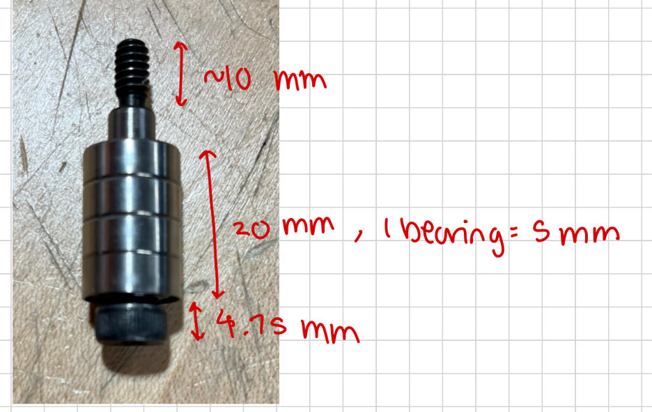 The length dimensions of a shoulder bolt. The head is 4.75mm. The combined length of 4 wheel bearings occupies 20mm of the shoulder bolt's shoulder. The threaded end is 10mm long.