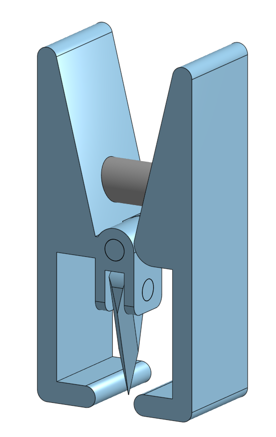 Screenshot of the device in CAD in the opening position. It is made of two halves held together by a pin that acts as a hinge. The two halves are spread apart like a clothespin would be. Additionally, the blade is in the down position.