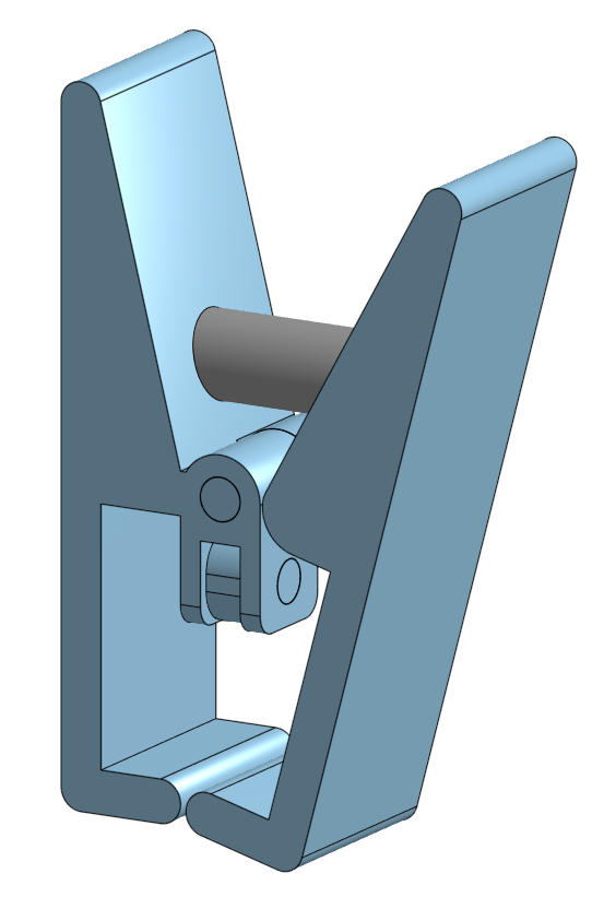 Screenshot of the device in CAD in the closing position. It is made of two halves held together by a pin that acts as a hinge. The two halves are pressed together like a clothespin would be. Additionally, the blade is in the up position.
