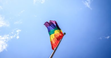 Pride flag against the background of a cloudless blue sky.