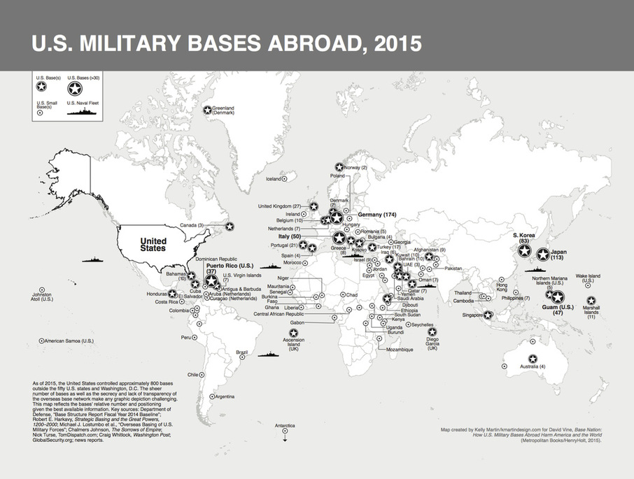 Map showing US military bases abroad, 2015
