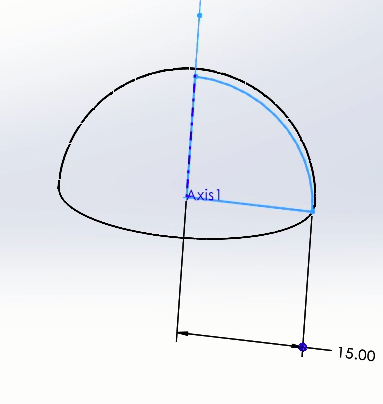 2D sketch of the robot head before revolving. The sketch includes a semi-circle, an axis of revolution, and an arc with a radius of 15 mm to shape the head.