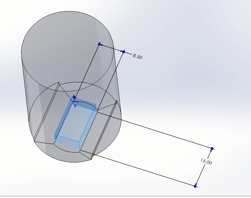 2D sketch of the robot body part. The sketch includes a cylinder with extrusions, and dimensions of the extruded rectangle.