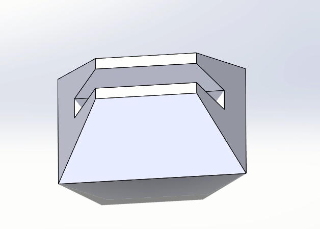 3D sketch of the robot foot part. The sketch includes a trapezoid with an extruded part in the middle where the bottom part of the hand will be attachment.