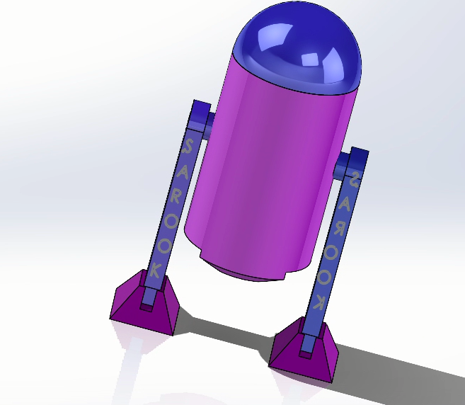 3D assembly of the robot. The sketch includes all parts (Hand, Head, Foot, and Body) with hands and head being the same color (blue), and feet and body being the same color (purple). This final version also includes the name of the robot "SAROOKS" in both arms with one arm having the name inverted for aesthetic purposes.