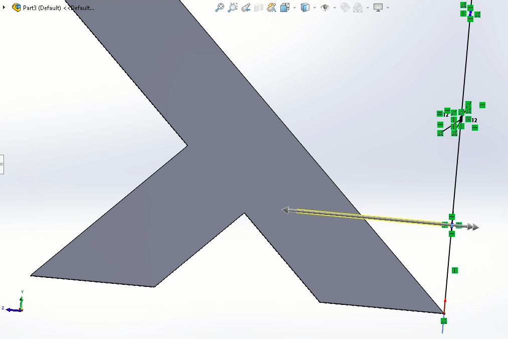 A SolidWorks model showing an extruded cut for slits. The slits are dimensioned precisely to fit interlocking parts. The picture includes the leg model and an arrow pointing at the direction of the cut.