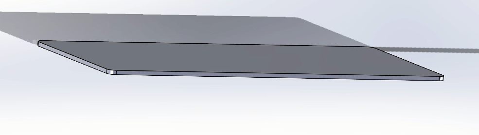 A SolidWorks model showing the shelf model for the 3d Object. The shelf includes a rectangular piece that was extruded to be 3mm thick.