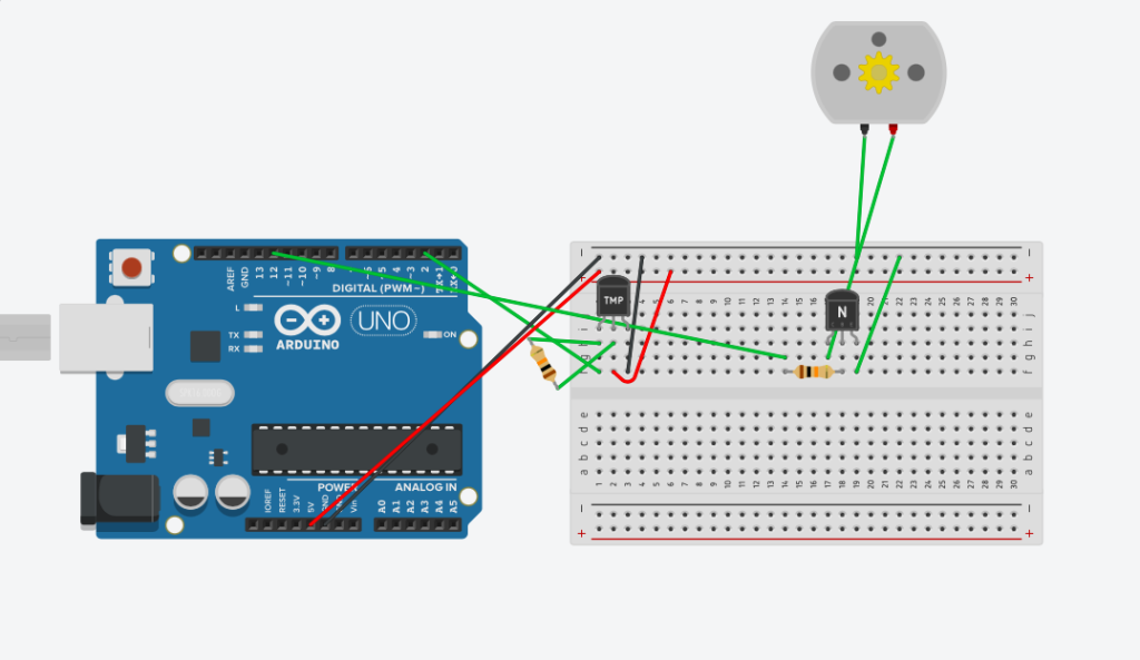 TinkerCAD Diagram showing connections for a DHT11 and Fan Model. The diagram involves Picture includes a breadboard involving wires and connected to the UNO R3 Controller Board with wires. DHT11 sensor and Fan Motor are also connected to breadboard.