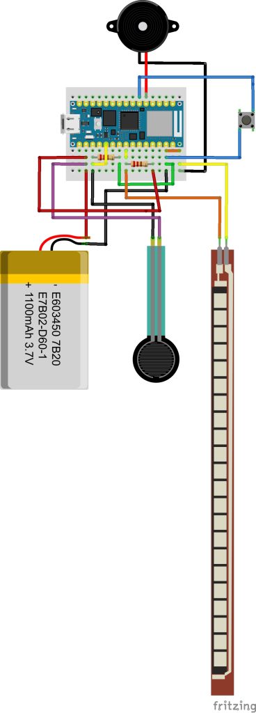 Circuit design made in Fritzing showing components of the miniaturized prototype.