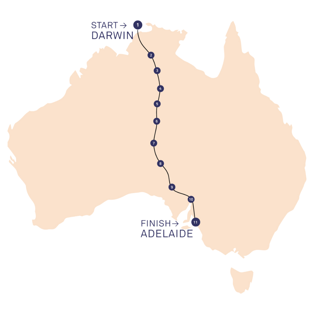 Peach-colored graphic of Australia with a series of connected dots going from Darwin, AU to Adelaide, AU