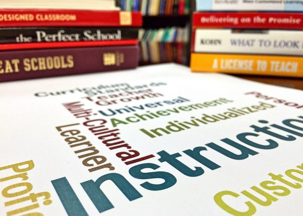 Education perspectives word cloud and books
