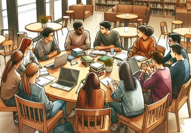 Group of students sitting at a round table in a library, working on a project together.