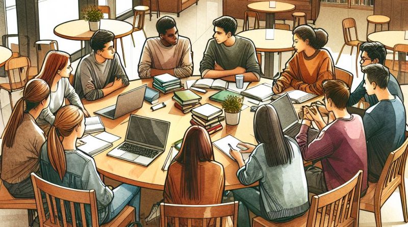 Group of students sitting at a round table in a library, working on a project together.