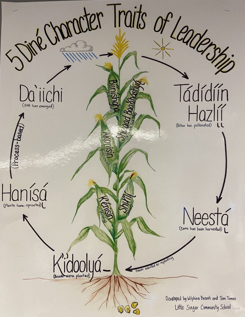 The Five Diné Character Traits of Leadership are: determination, mindfulness, values, kinship, and "My Words Have Meaning".