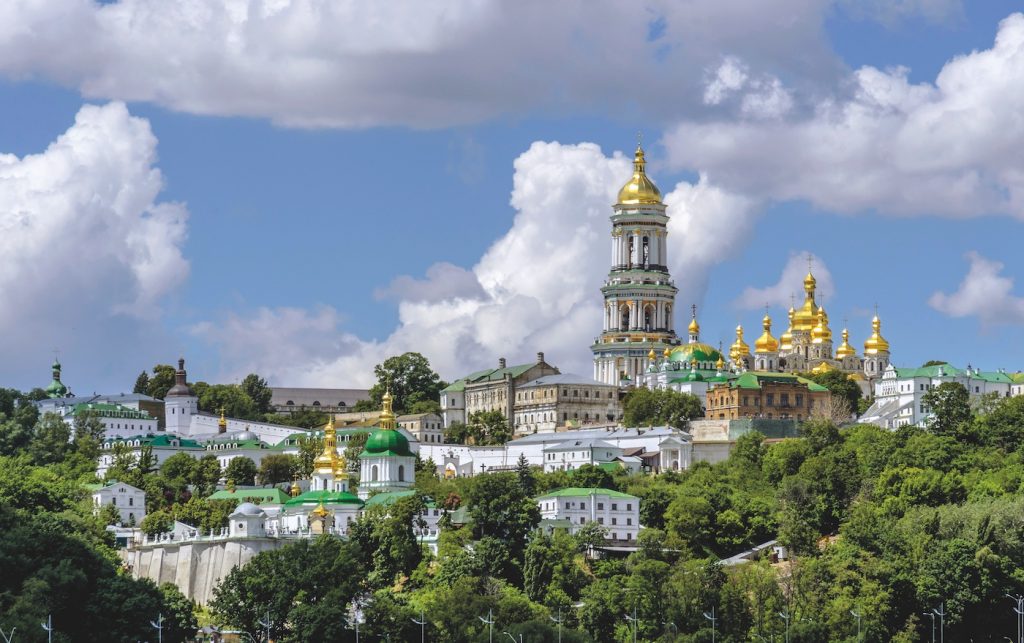 Modern view of the Kyiv-Pechersk Lavra, situated near the Dnieper River, some distance from the city center of Kyiv