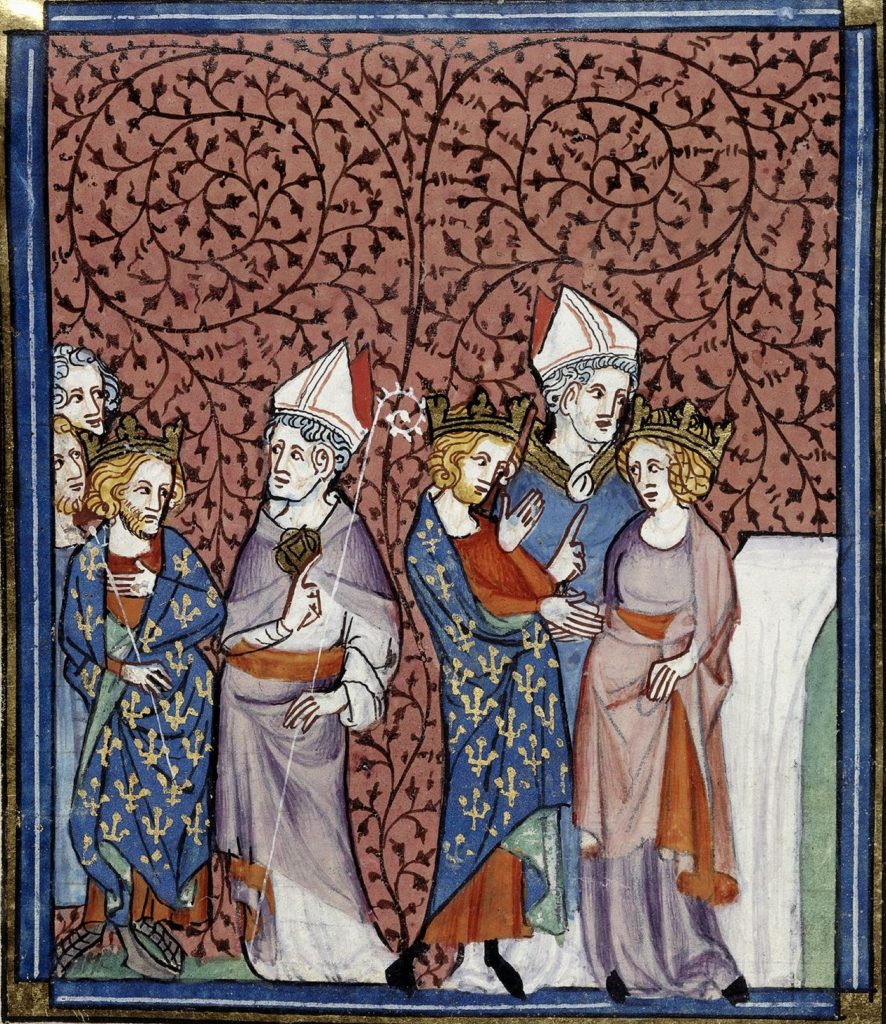 An illumination from the Grandes chroniques de France (ca. 1332–1350) showing Henry I sending a bishop and his marriage to Anne Yaroslavna