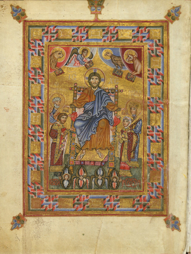 An eleventh-century manuscript illumination from the Egbert Psalter showing Christ crowning Gertrude’s son, prince Yaropolk of Kyiv, and Kunigunde of Saxony