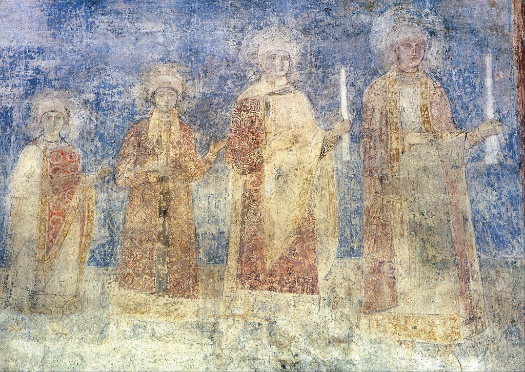This eleventh-century fresco painting from the south wall of the Cathedral of Saint Sophia in Kyiv shows the daughters of Yaroslav (r. 1019–1054)