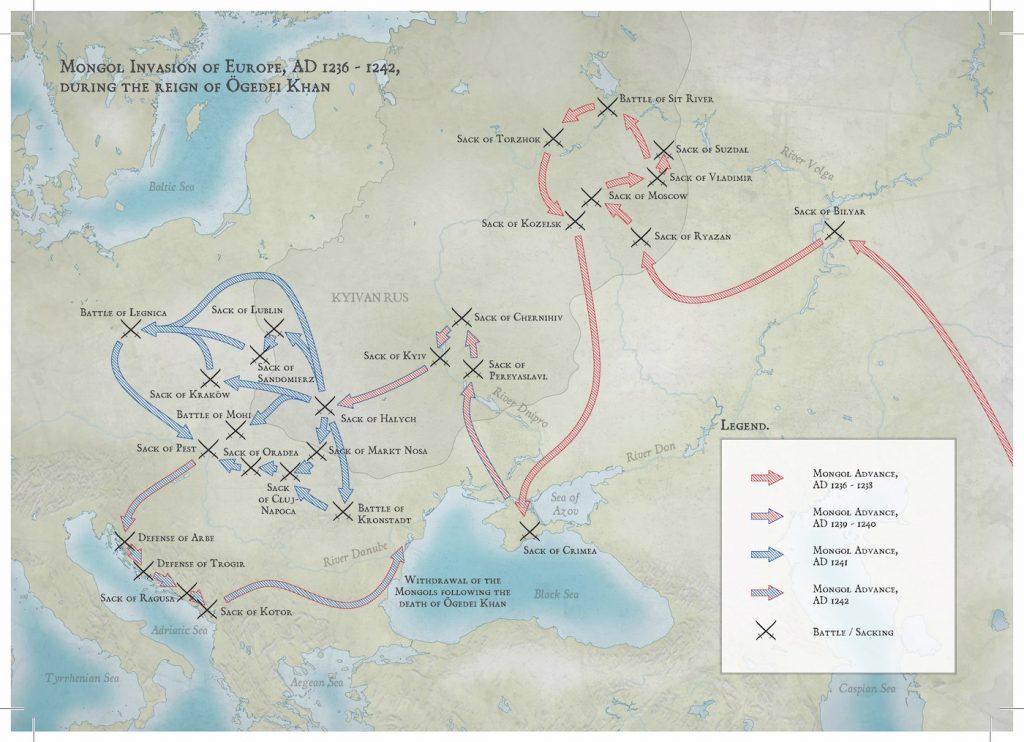 Map showing the steady advances of the Mongols in the thirteenth century