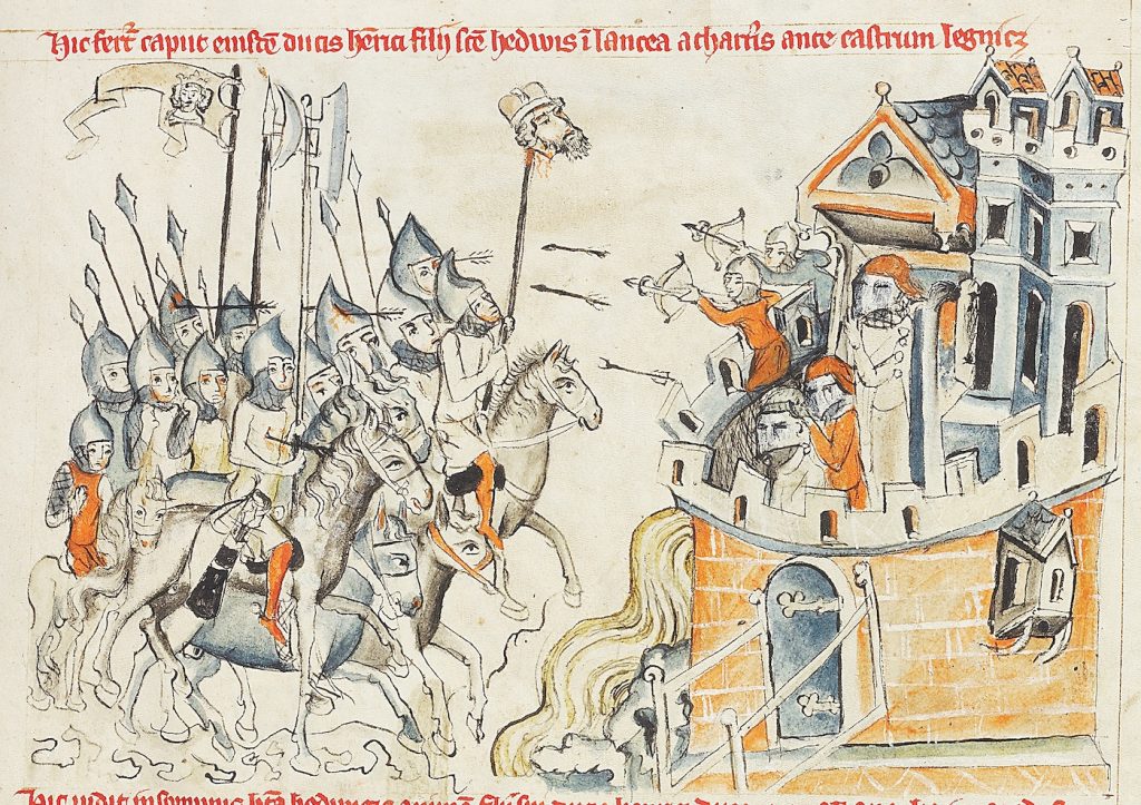 This miniature from the Hedwig Codex (1353) shows the Mongols carrying the head of Henry II, duke of Silesia, after the battle of Liegnitz in 1241.