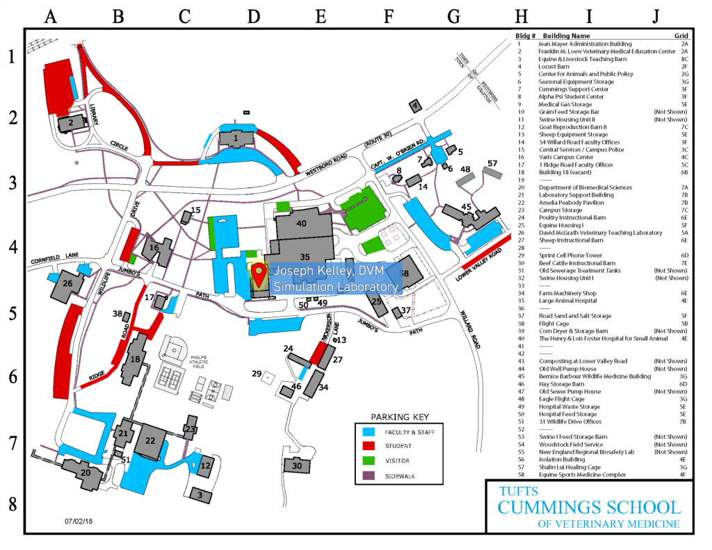 A campus map of Cummings School showing the location of the Kelley Sim Lab, as well as the available parking areas.