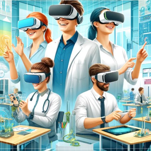 Five veterinary students wearing virtual reality headsets in a laboratory setting.