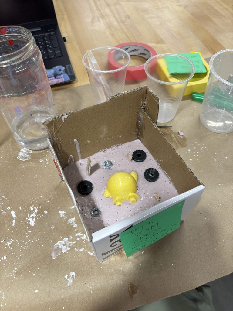 A picture of the two-part mold being formed using a 3D printed Kirby as an imprint.